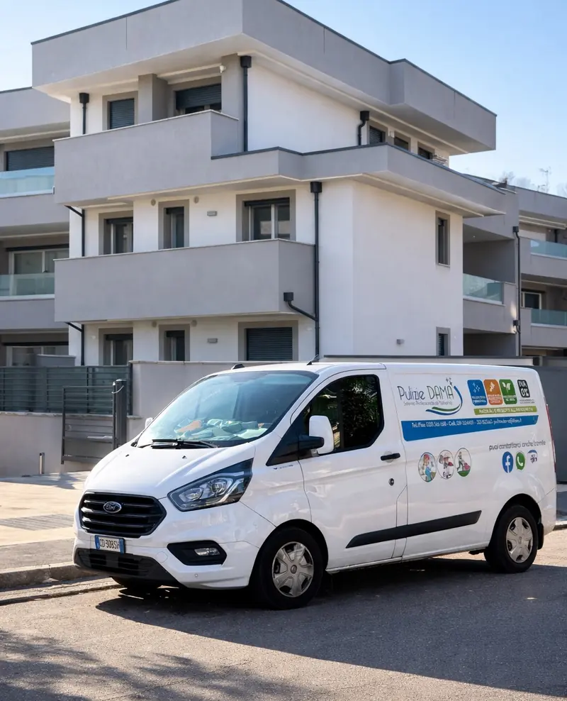 Furgone Pulizie Dama davanti a un condominio